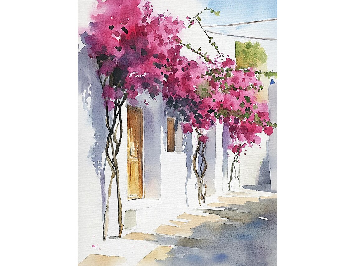 Bougainvillea Painting Santorini Watercolor Travel Poster