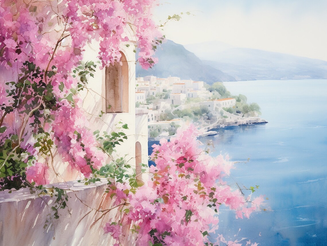 Bougainvillea Painting Positano Watercolor Art Print