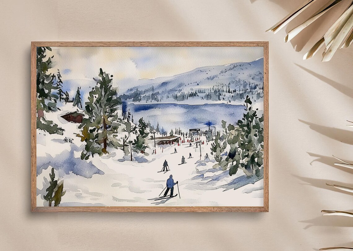 Skiers Gliding Down a Snowy Mountain Resort Slope Watercolor Poster - Image 3