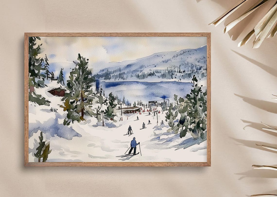 Tahoe Art Print Winter Skiing Art Lake Landscape Wall Art California Watercolor Pine Forest Painting Winter Wall Art Lake House Decor - Image 3
