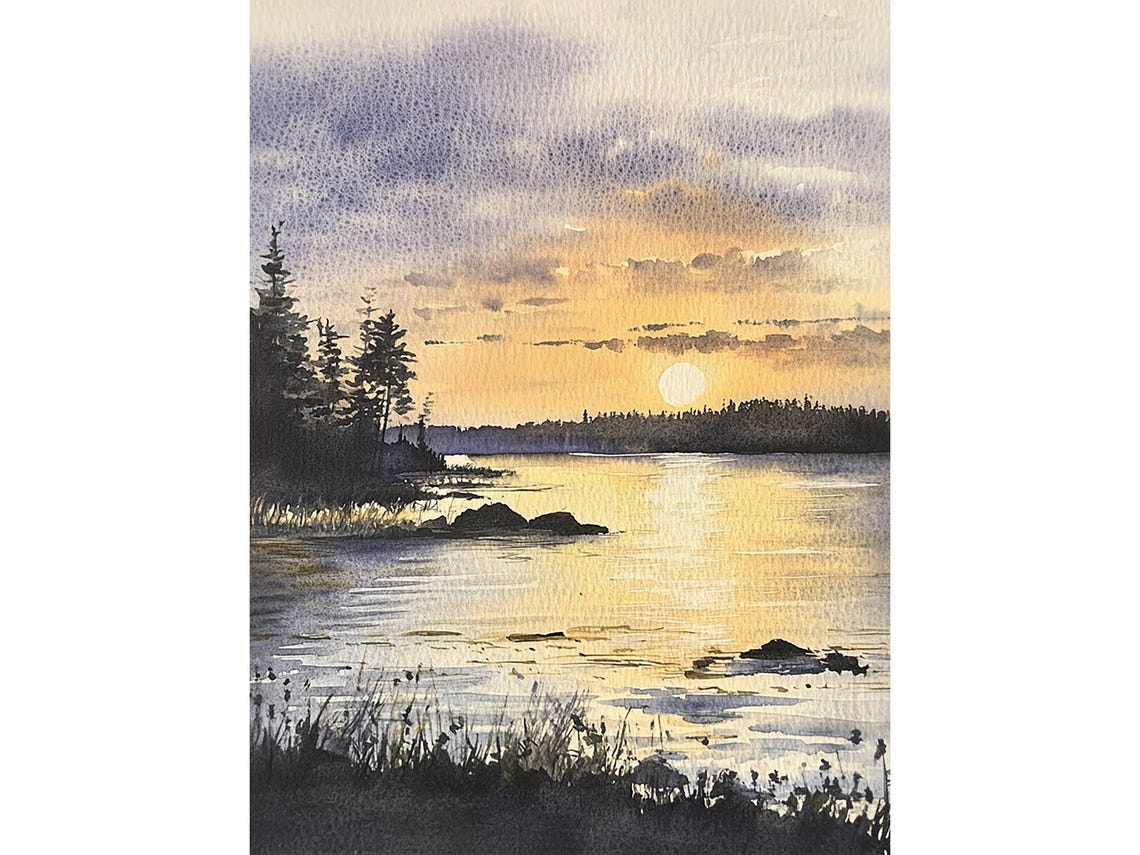 Golden Sunset Lake Pine Silhouette Shore Watercolor Nature Poster