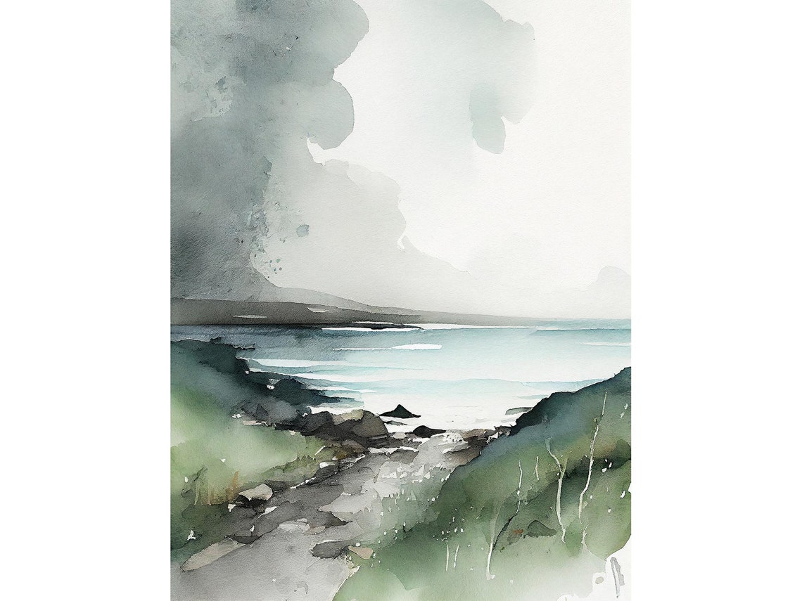 Giants Causeway Ireland Moody Coast Watercolor Seascape Poster