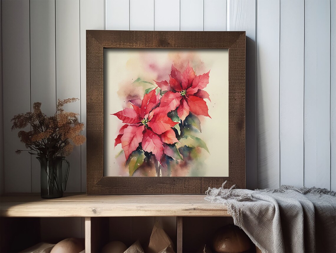 Poinsettia Watercolor Christmas Flower Art Print - Image 2