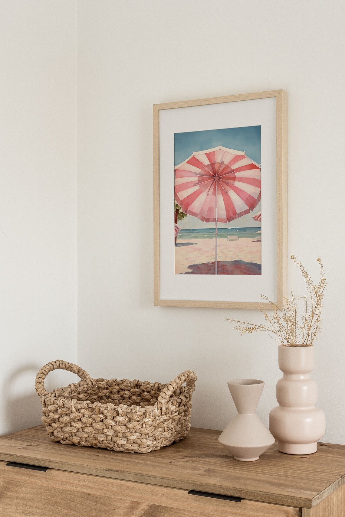 Beach Umbrella Painting, Retro Pink Watercolor Art - Image 4