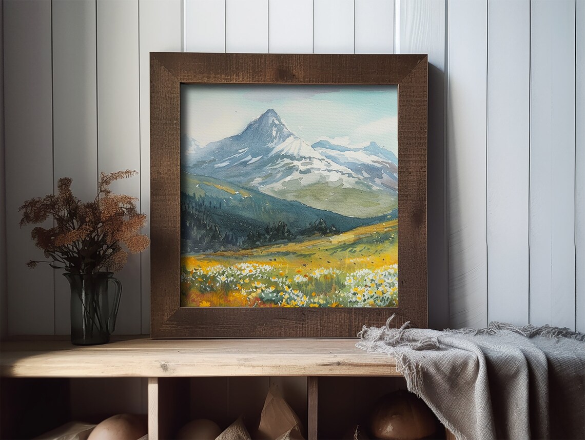 Rocky Mountains Daisy Field Watercolor Art Print - Image 2