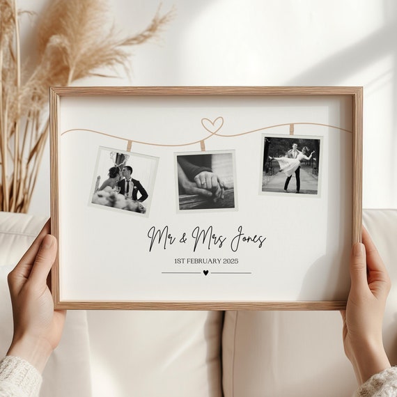 Personalised Mr and Mrs Black and White Wedding Three Photo Print