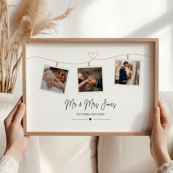Personalised Mr and Mrs Wedding Three Photo Print With Wedding Date