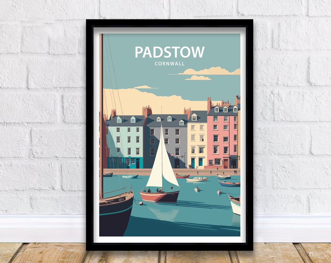 Padstow Cornwall Harbor Sailboats Pastel Buildings Travel Poster