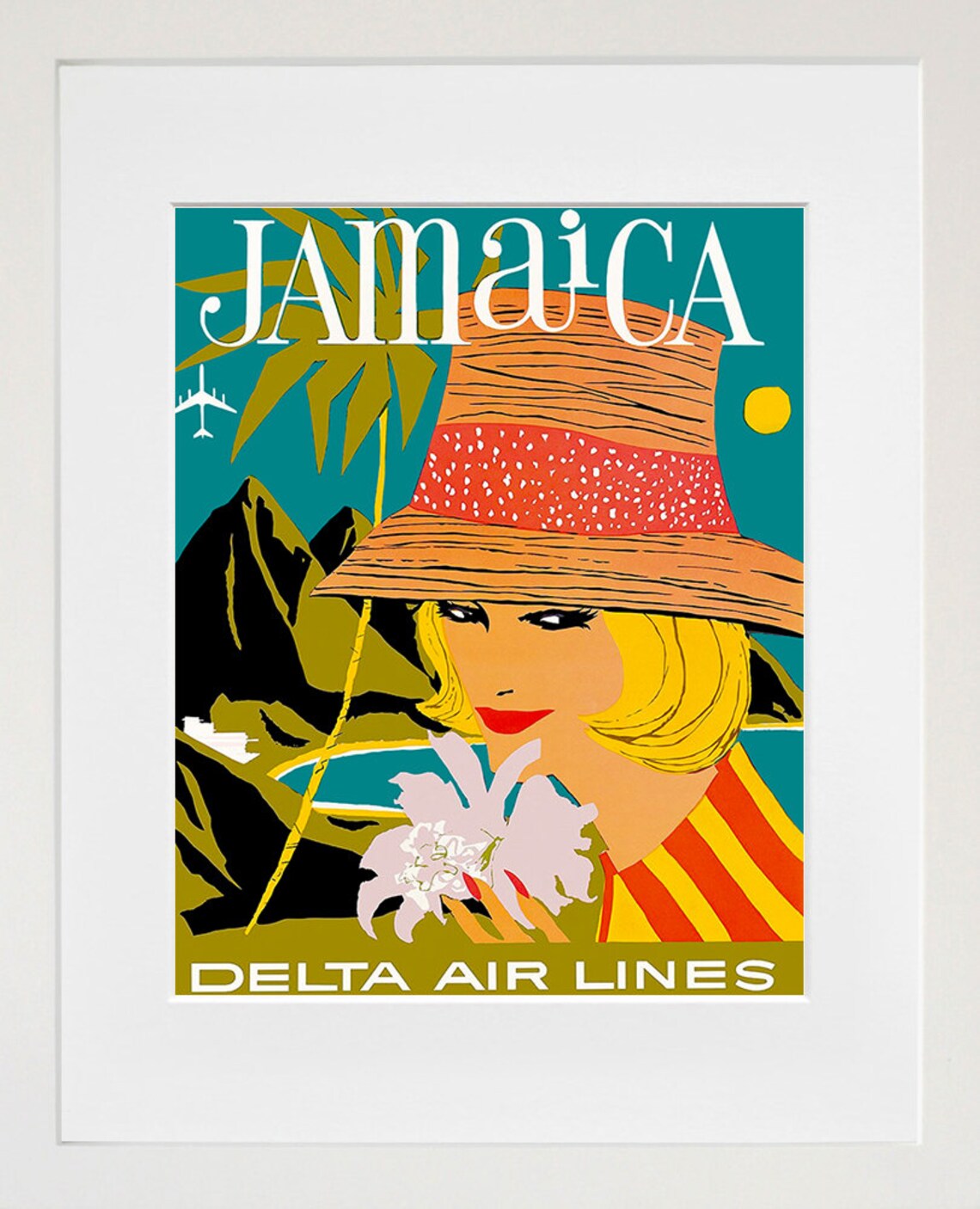 Jamaica Delta Air Lines Poster Retro Straw Hat Hibiscus Island Art - Image 2