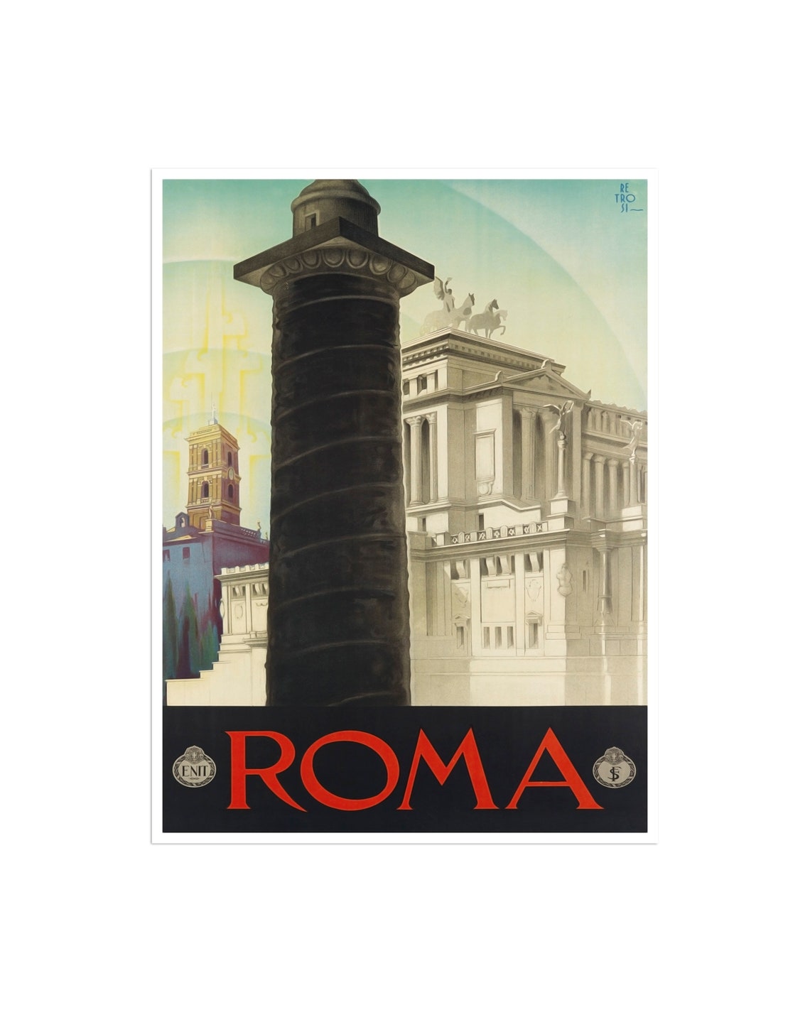 Roma Vintage ENIT Column Monument Classic Italy Travel Poster