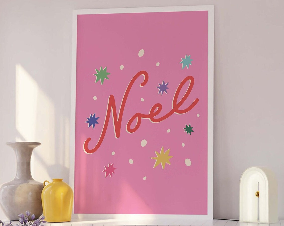 Noel Print Art Cute Pink Christmas Decor Boho Holiday Wall Art Trendy Christmas Art Print