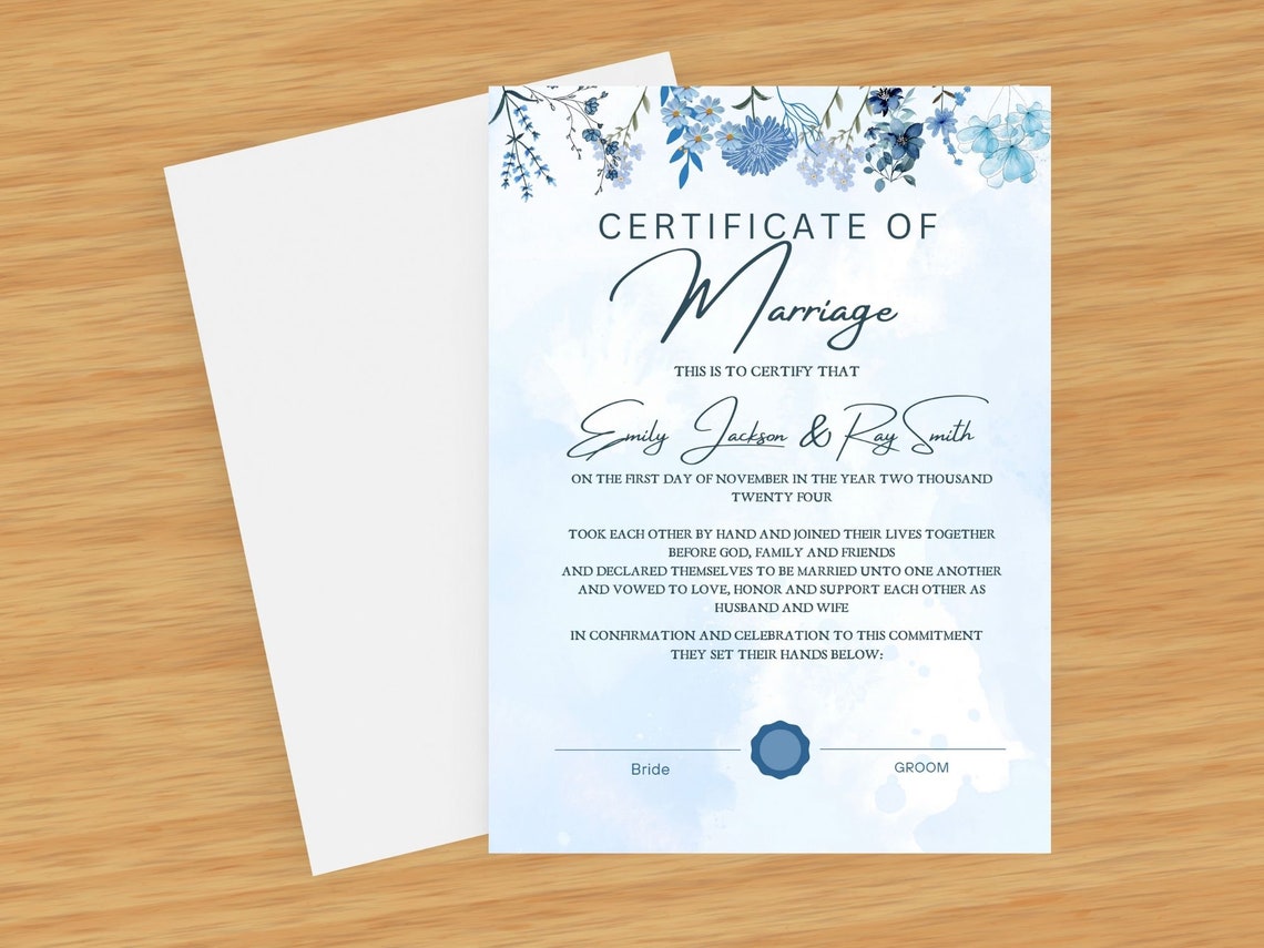 Marriage Certificate Template Blue Floral Watercolor Keepsake Print - Image 2