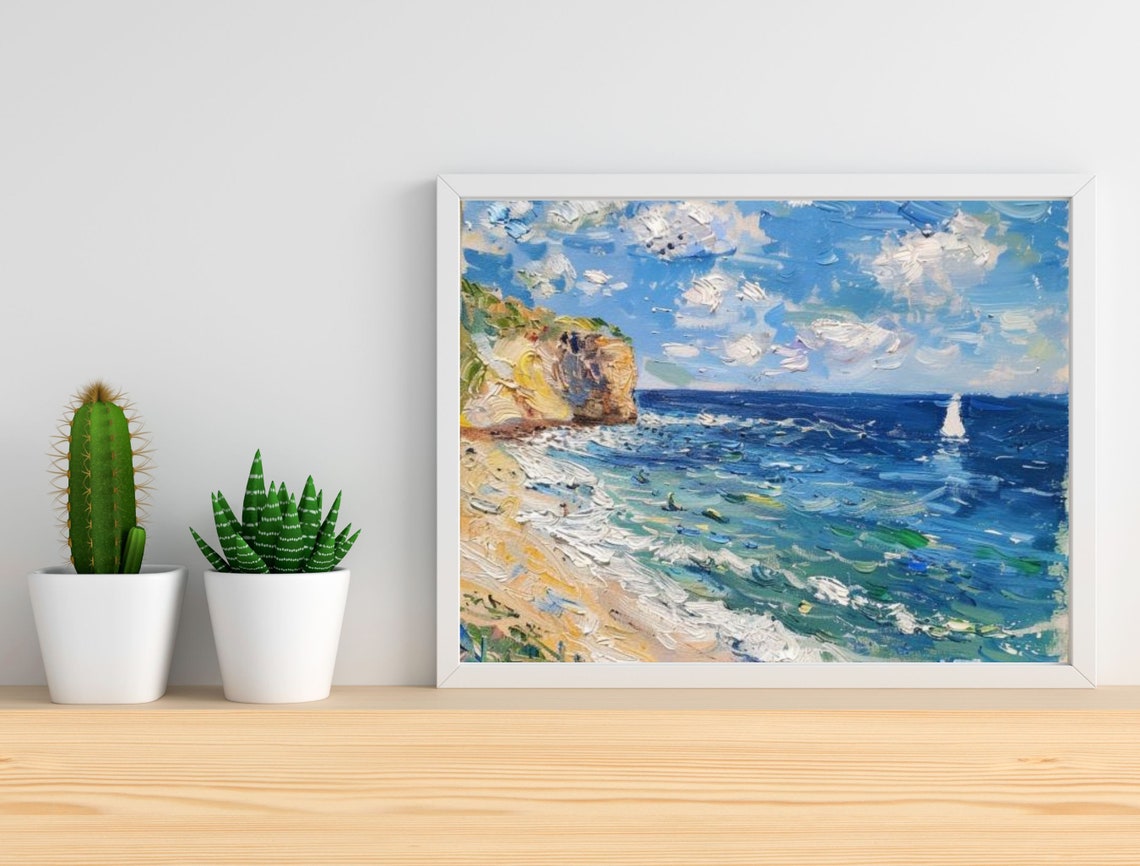 Impressionist Coastal Cliffs Sailboat Blue Sea Oil Painting Poster - Image 4