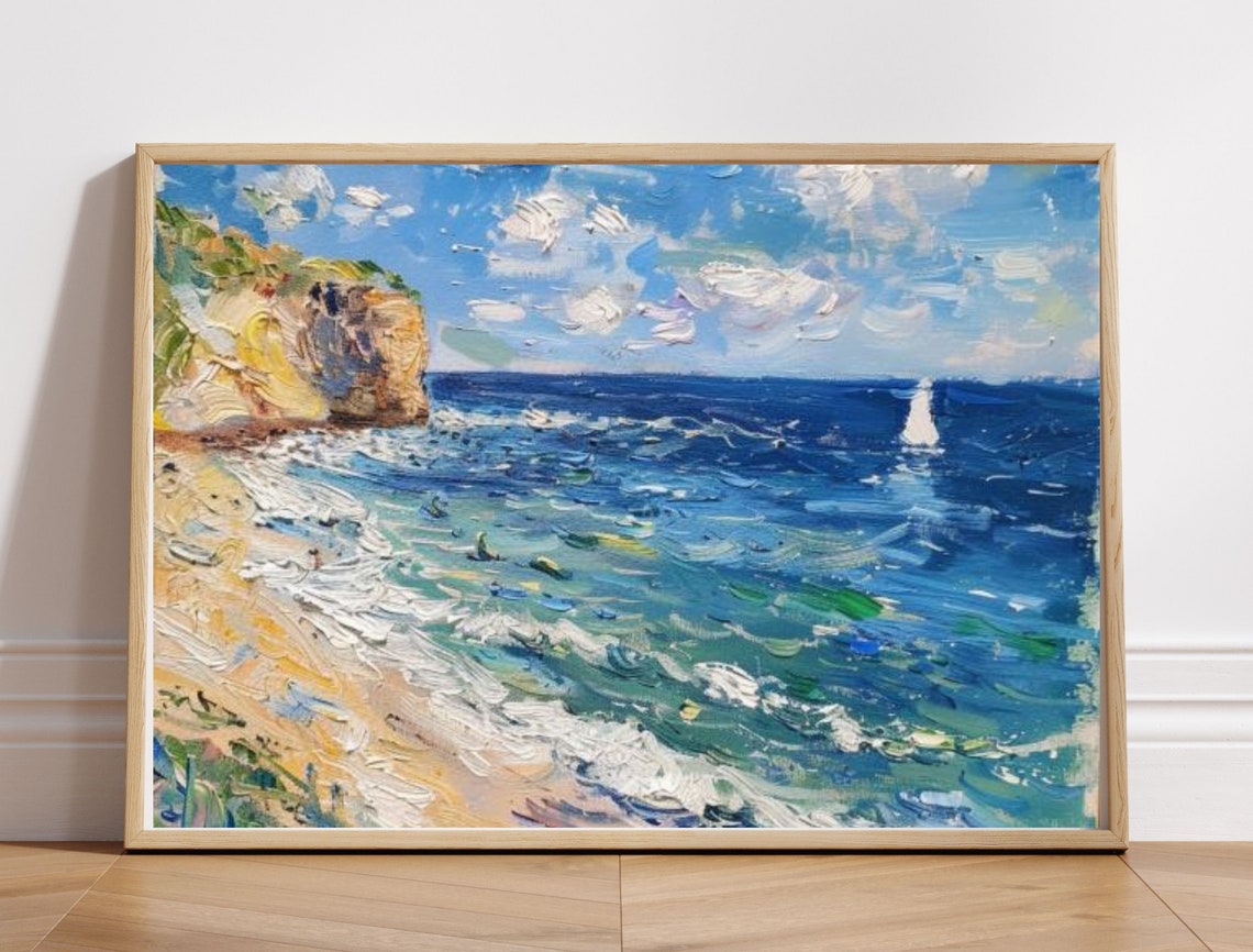 Impressionist Coastal Cliffs Sailboat Blue Sea Oil Painting Poster - Image 7
