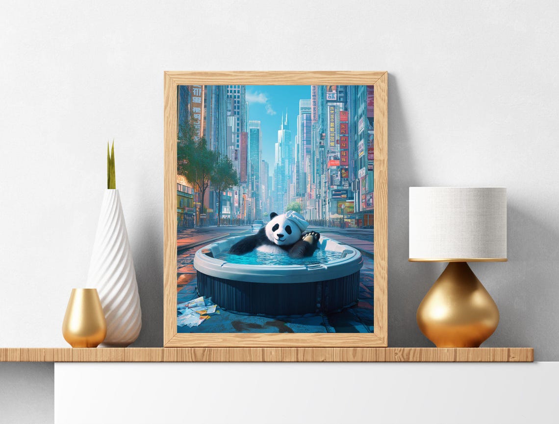 Funny Giant Panda Hot Tub City Street Surreal Whimsy Art Print - Image 7