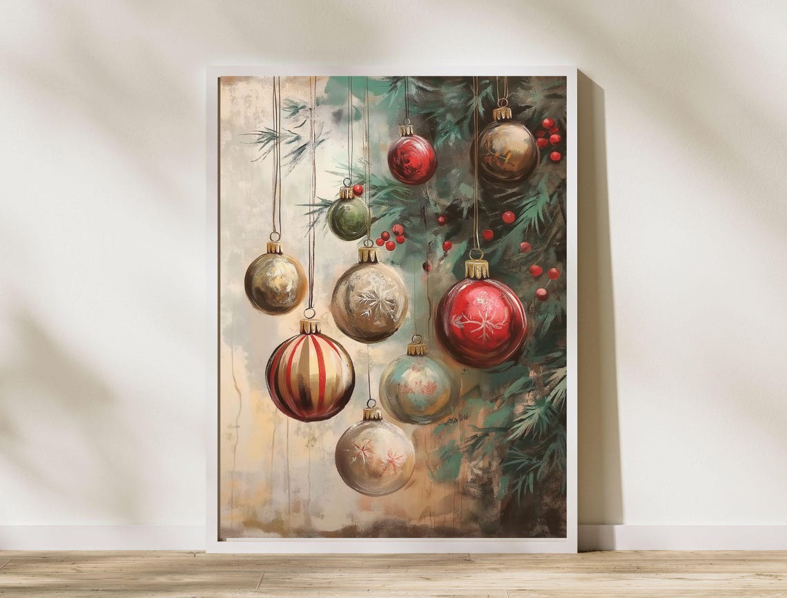Vintage Christmas Ornaments Hanging Baubles Pine Holiday Art Poster - Image 7