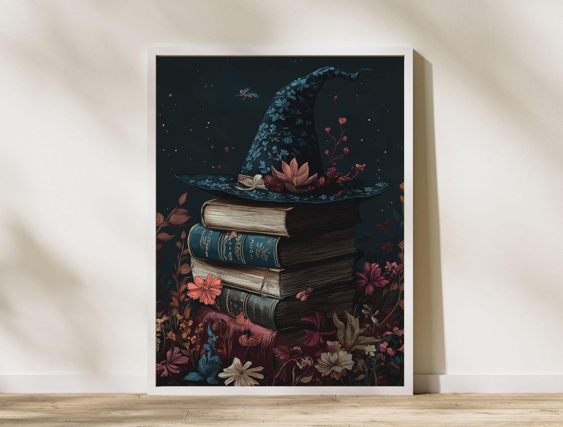 Witch Hat on Stack of Spell Books Floral Night Sky Halloween Poster - Image 7