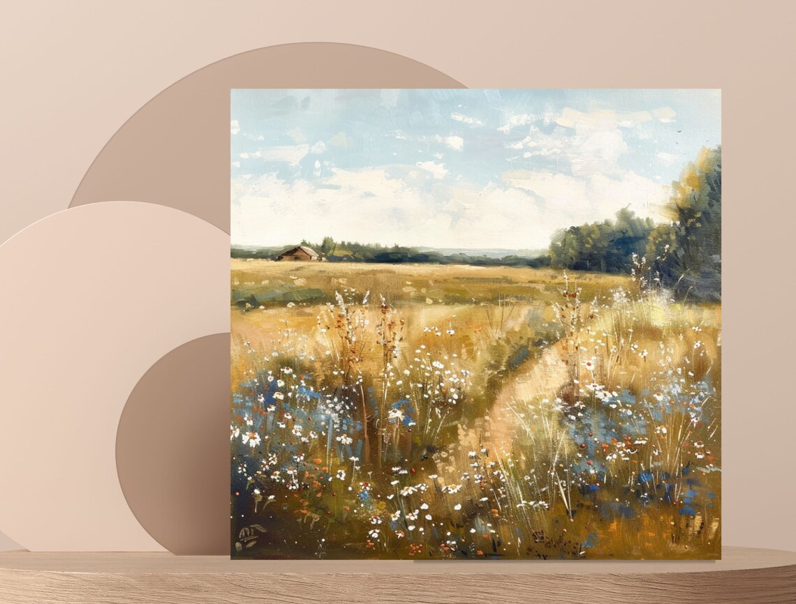 Vintage Golden Meadow Wildflower Landscape Oil Painting Print - Image 6