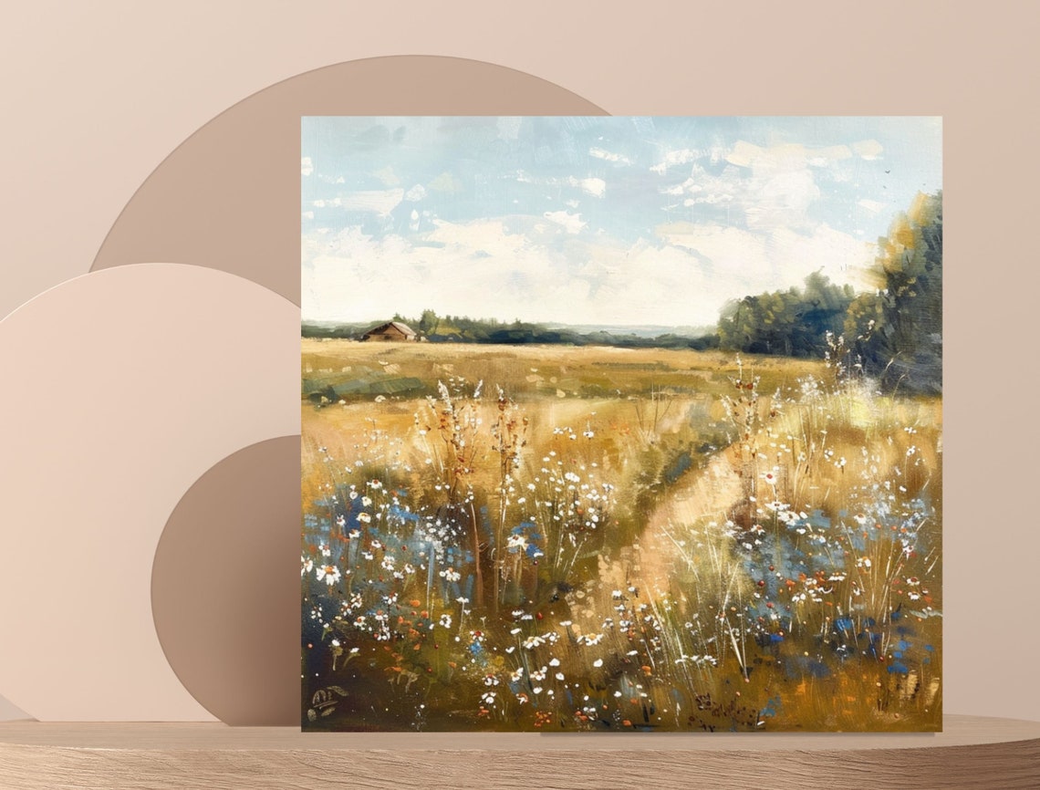 Wildflower Field Landscape Oil Painting Vintage Farm House Art Country Field Landscape Oil Painting - Image 6