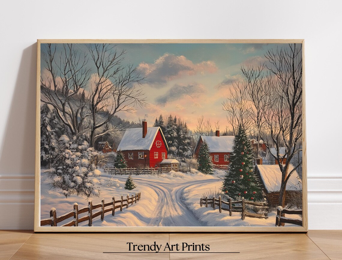 Snowy Christmas Village Farmhouse Red Barn Winter Landscape Poster - Image 6
