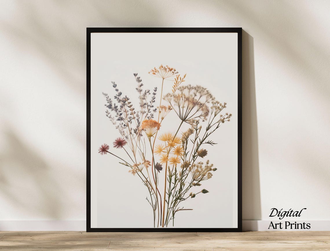 Pressed Wildflowers Bouquet Minimalist Botanical White Art Poster