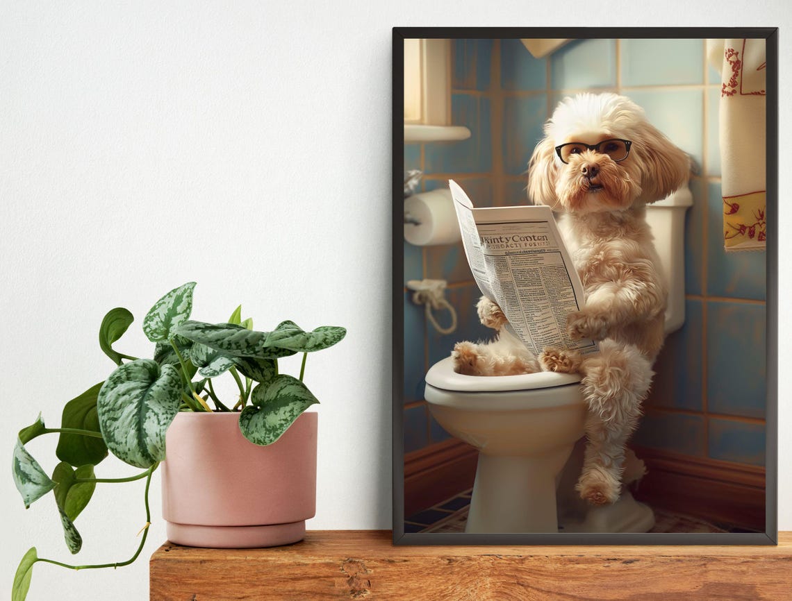 Funny Fluffy Dog with Glasses Reading Newspaper Bathroom Poster - Image 5