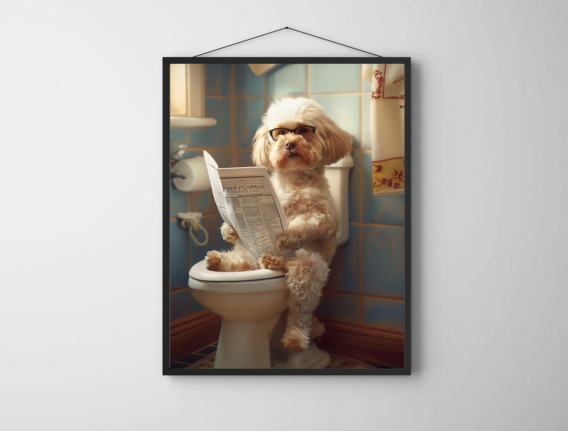 Funny Fluffy Dog with Glasses Reading Newspaper Bathroom Poster - Image 4
