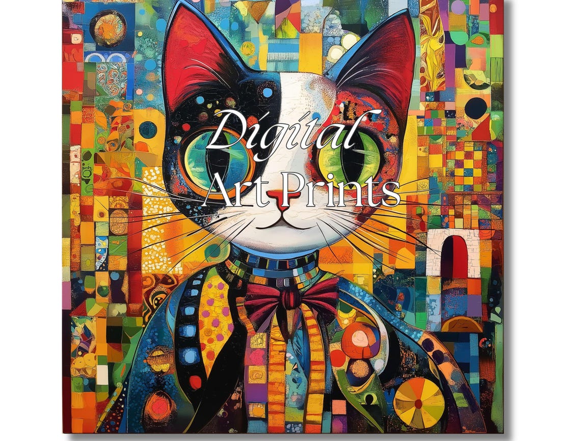 Colorful Mosaic Cat Bow Tie Patchwork Folk Art Cat Lovers Poster - Image 5
