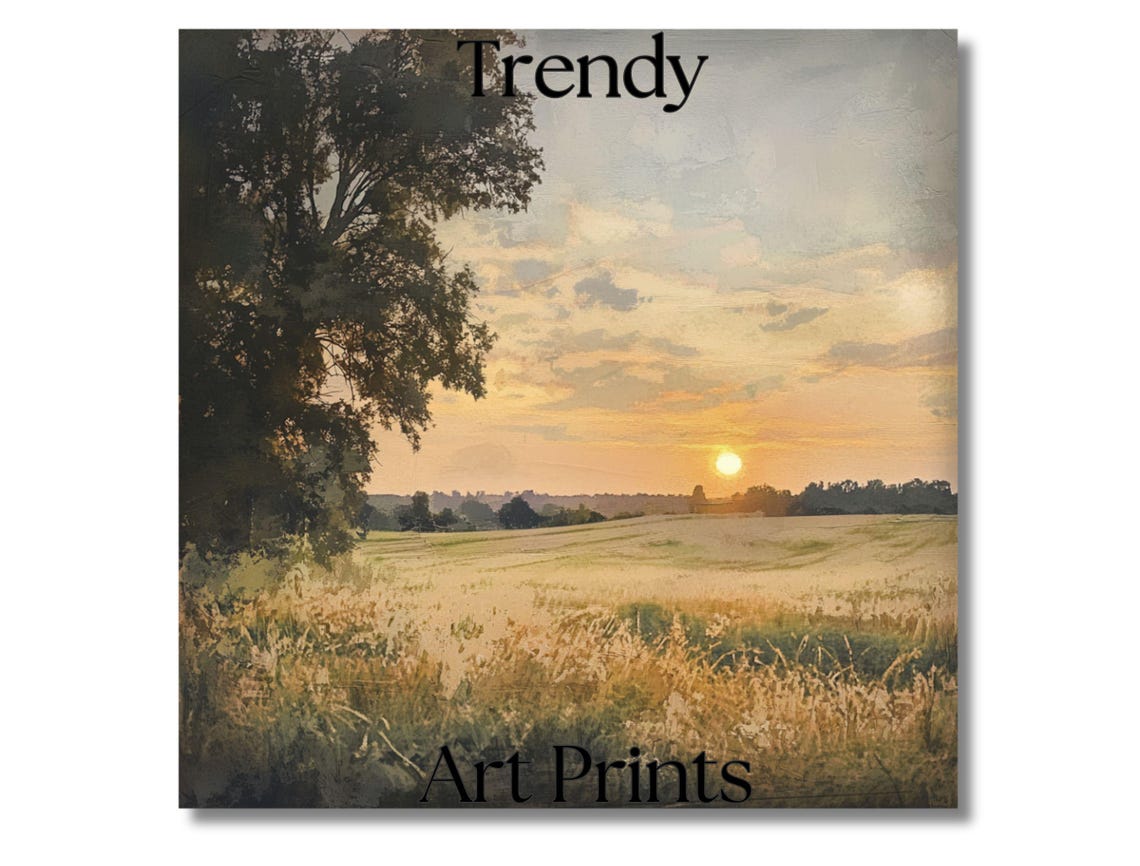 Sunset Over Wheat Field Tree Square Vintage Landscape Art Print - Image 4