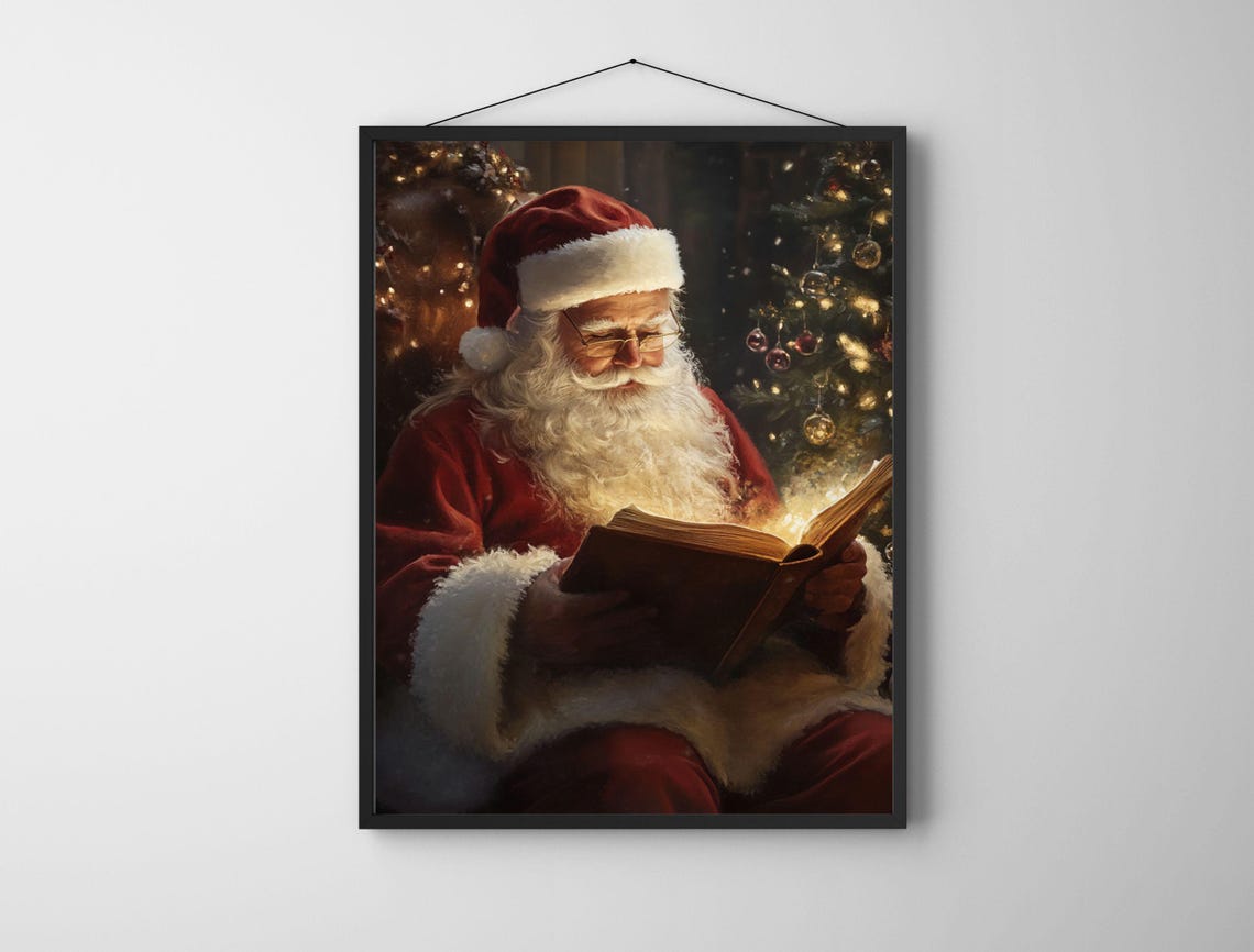 Santa Claus Reading Glowing Book by Christmas Tree Cozy Art Poster - Image 6