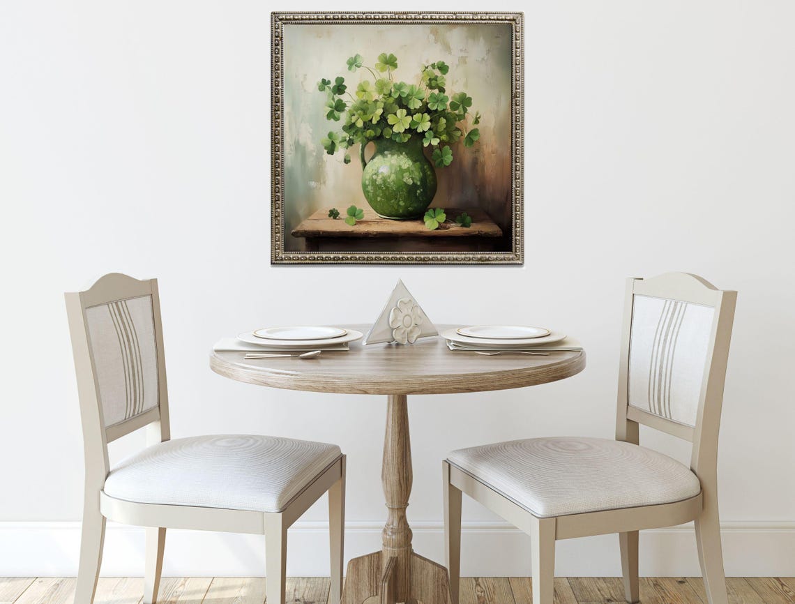 Vintage Green Pitcher of Shamrocks Rustic Still Life Art Print - Image 3