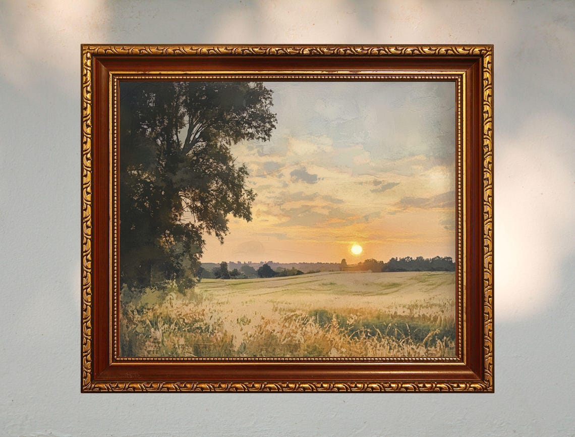 Sunset Over Wheat Field Tree Square Vintage Landscape Art Print - Image 7