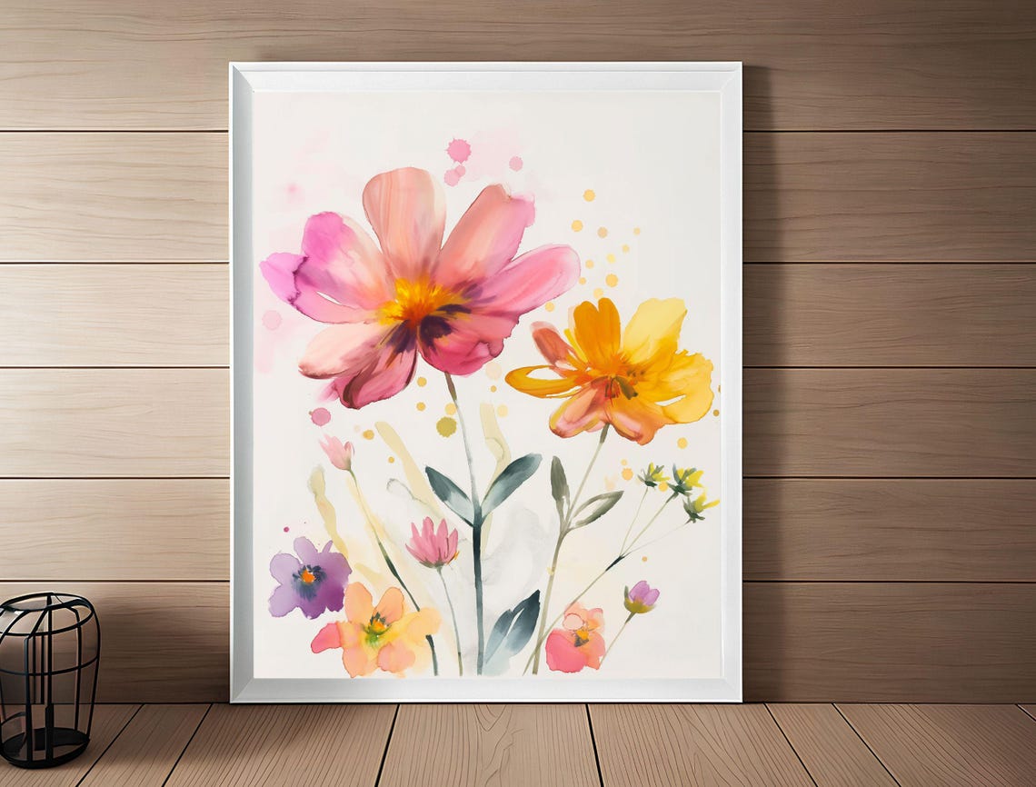 Pink Gold Beige Watercolor Wildflowers Boho Nursery Floral Poster - Image 2