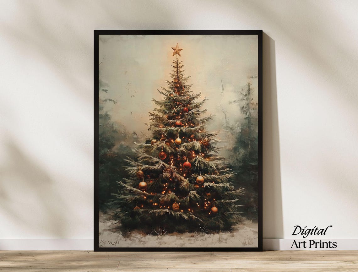 Vintage Christmas Tree Star Topper Snowy Forest Holiday Poster