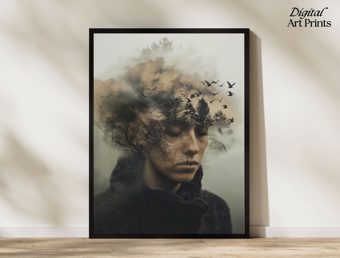 Double Exposure Woman Forest Birds Misty Surreal Artistic Wall Art