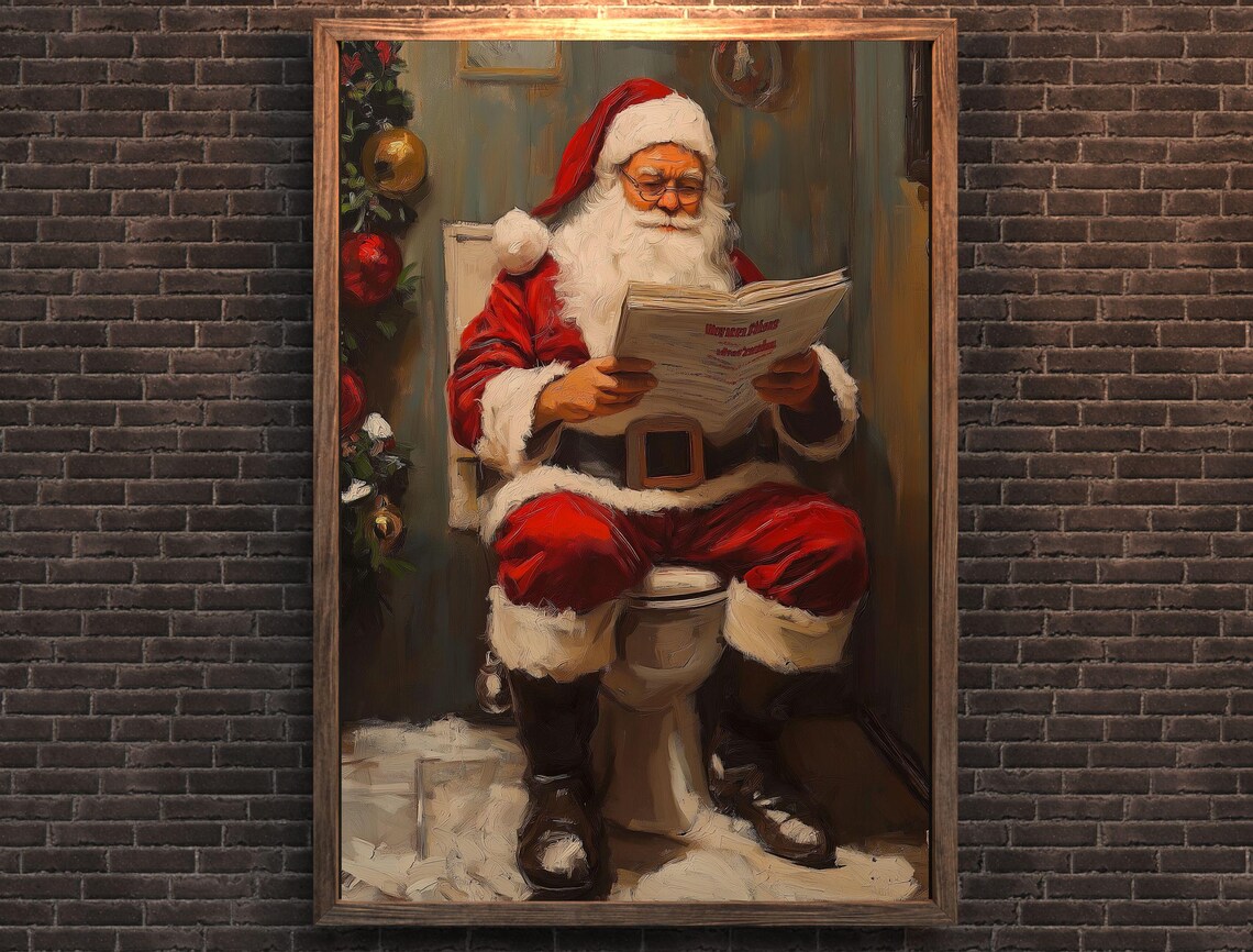Funny Santa Claus Sitting on Toilet Reading Newspaper Bathroom Poster - Image 7