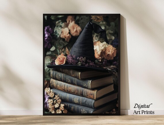 Witch Hat with Flowers on Antique Books Dark Academia Poster