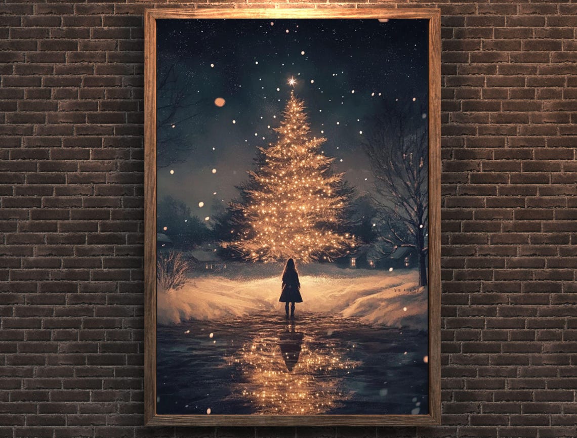 Girl Under Giant Glowing Christmas Tree Snowy Night Magical Poster - Image 7