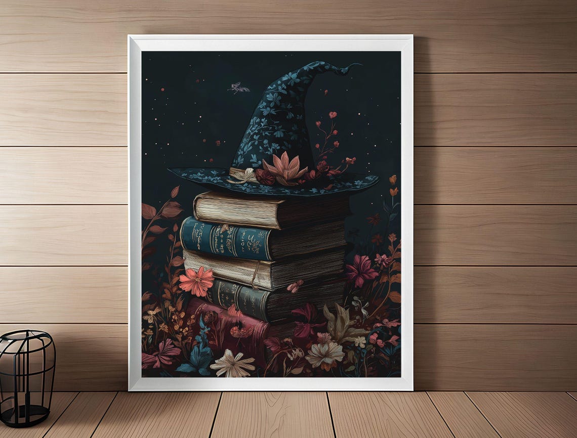 Witch Hat on Stack of Spell Books Floral Night Sky Halloween Poster - Image 2