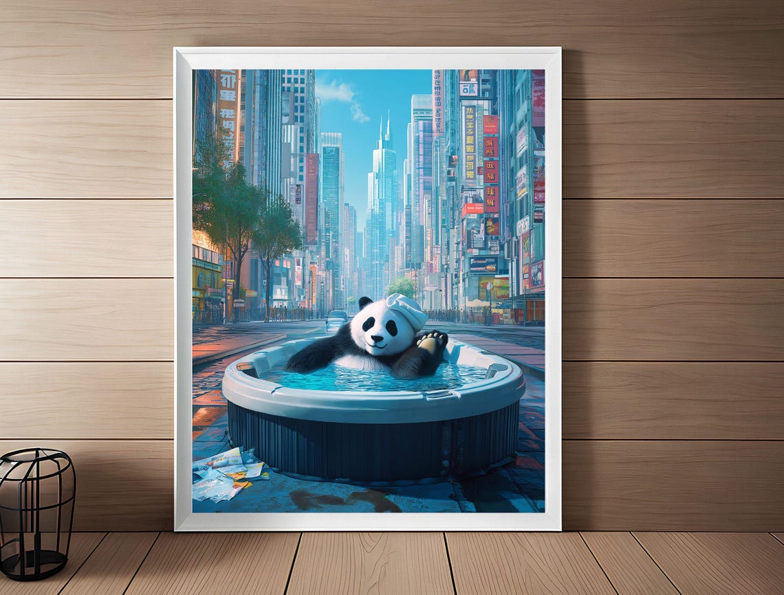 Funny Giant Panda Hot Tub City Street Surreal Whimsy Art Print - Image 3