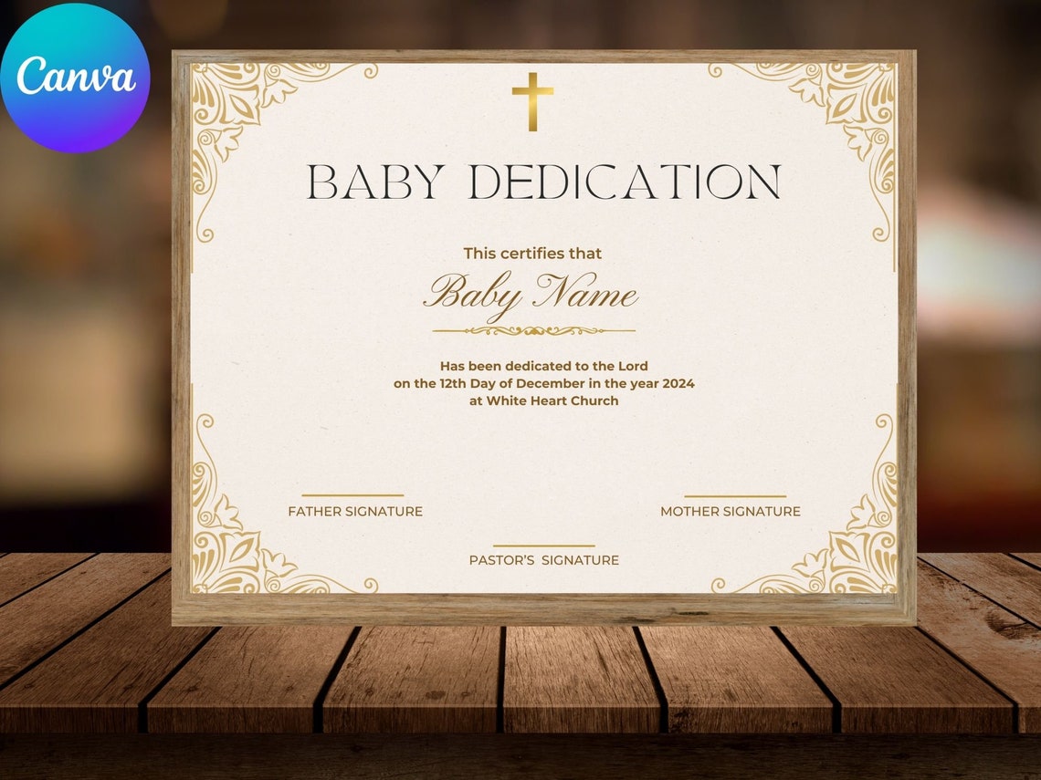 Baby Dedication Certificate Template Gold Cross Printable Print