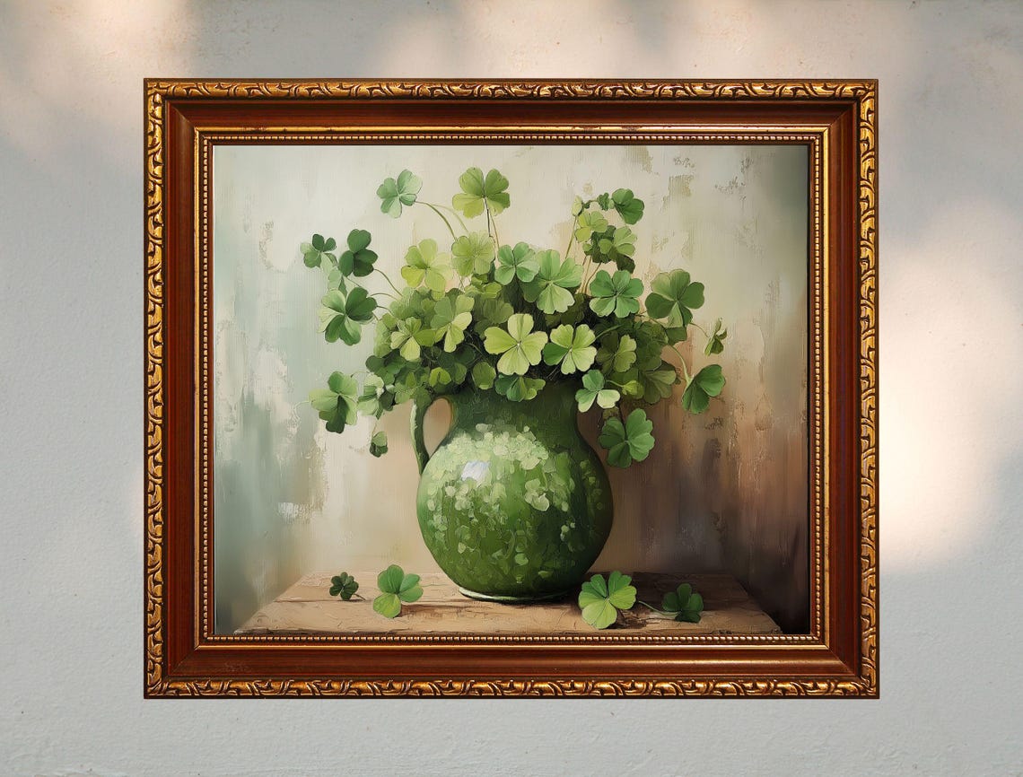Vintage Green Pitcher of Shamrocks Rustic Still Life Art Print - Image 8