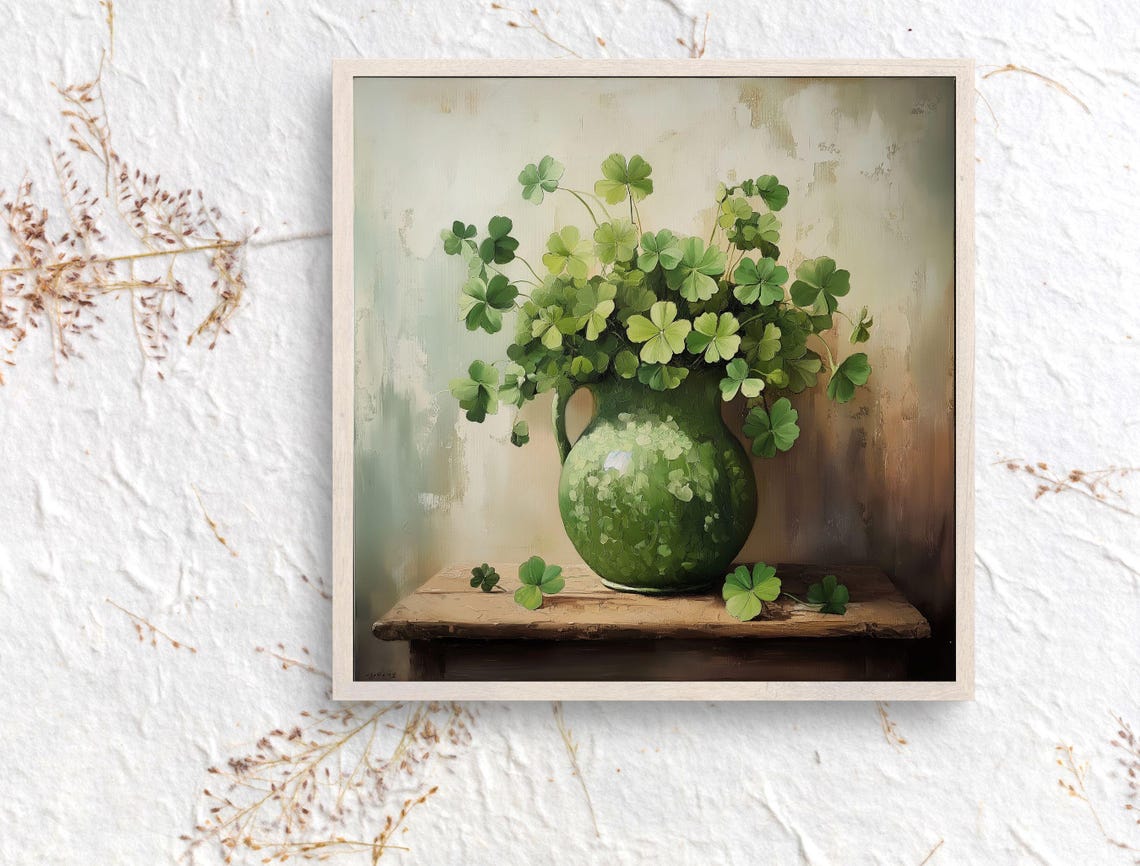 Vintage Green Pitcher of Shamrocks Rustic Still Life Art Print - Image 7