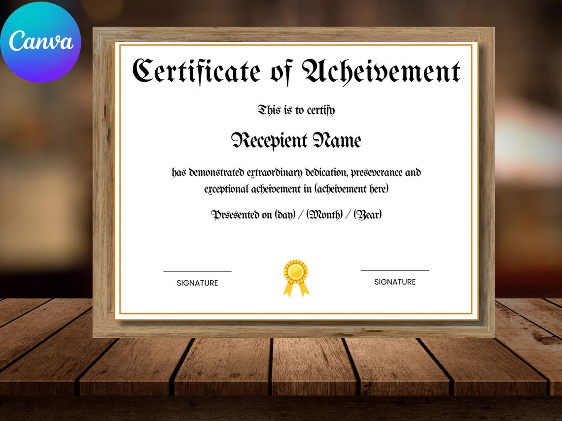 Editable Certificate Of Achievement Template Gold Seal Canva Print
