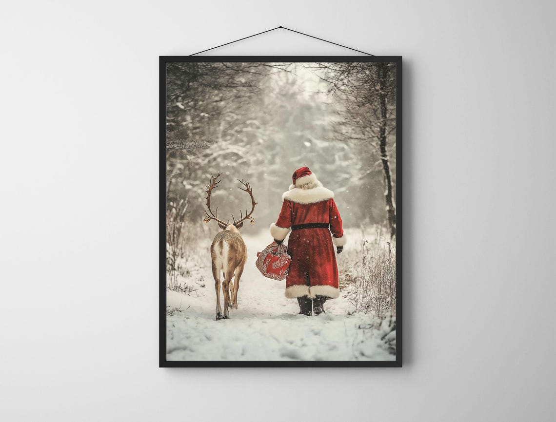 Santa Claus and Reindeer Walking in Snowy Winter Forest Art Poster - Image 6