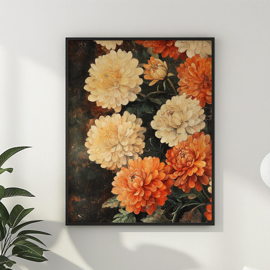 Cream and Orange Chrysanthemums Moody Dark Floral Oil Painting Poster