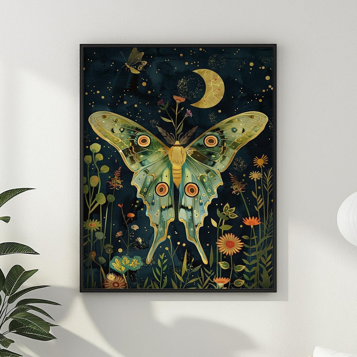 Luna Moth and Golden Crescent Moon Dark Starry Night Botanical Poster