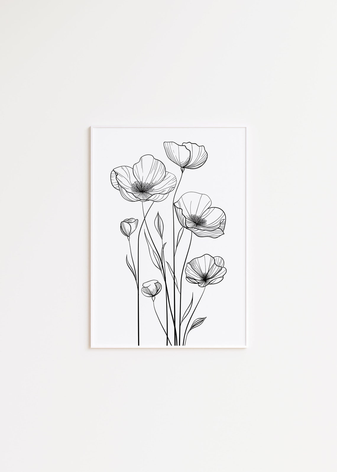 Black Line Art Poppy Flowers Minimalist Elegant Botanical Wall Art