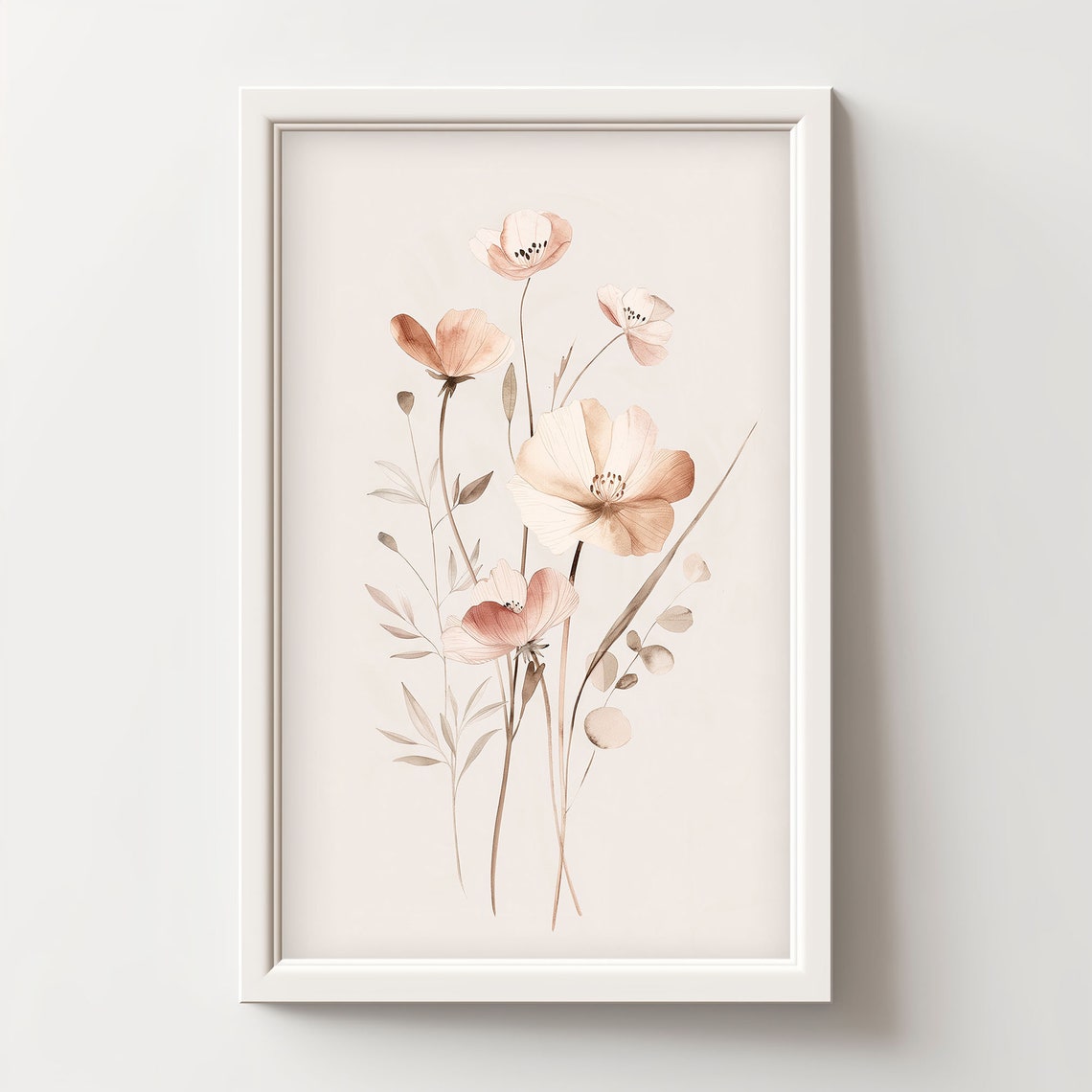 Blush Pink Watercolor Peony Wildflowers Romantic Botanical Wall Art