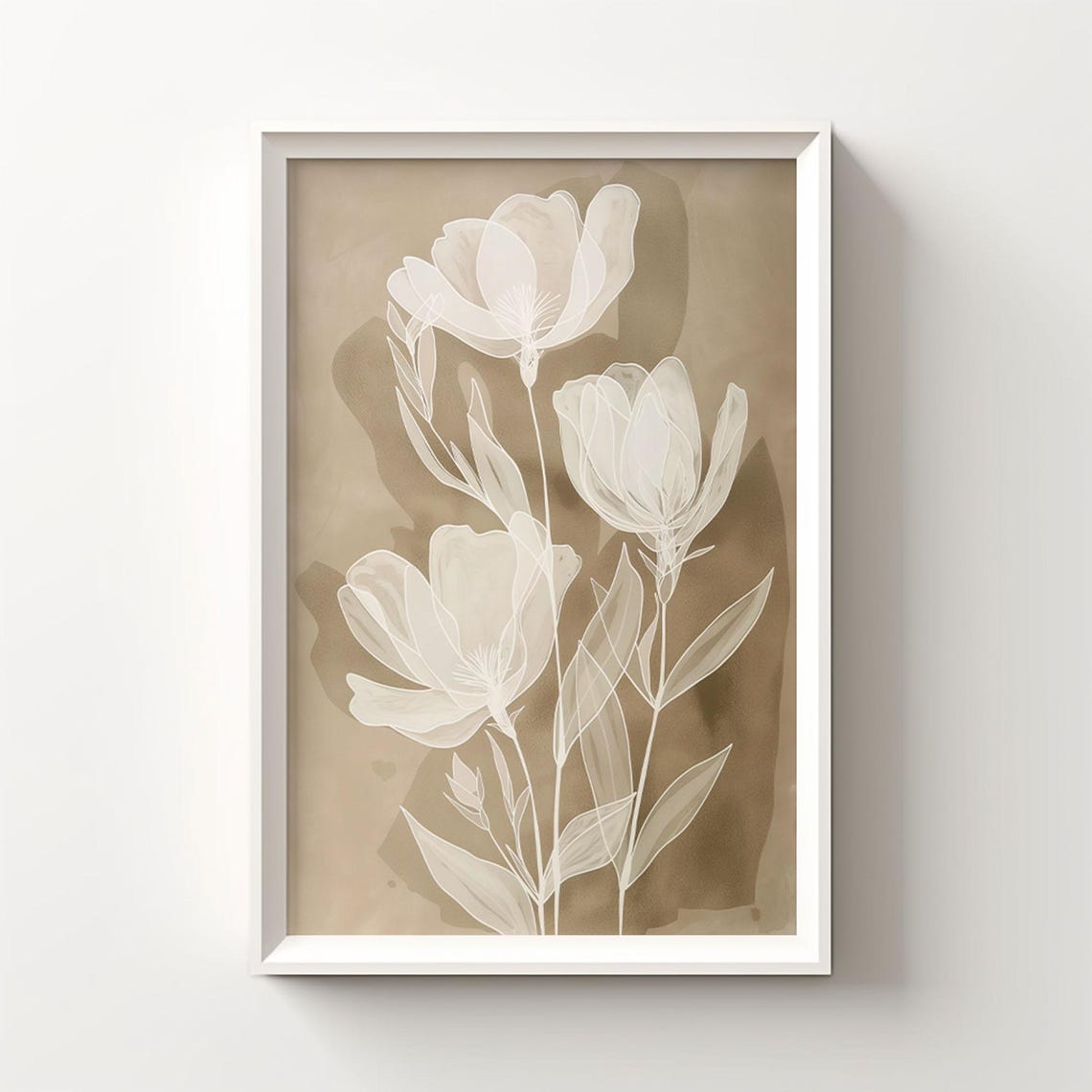 Elegant White Transparent Flowers On Beige Minimalist Poster